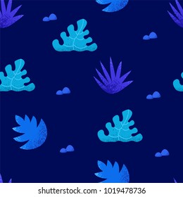 Summer seamless pattern with tropical plants on blue background. Ornament for textile and wrapping. Vector.
