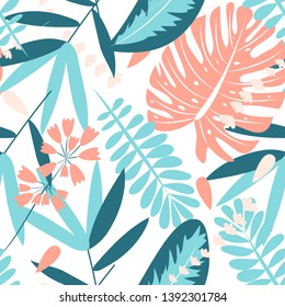 Summer seamless pattern with tropical plants on white background. Vector design. Flat jungle print. Floral background.