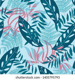 Summer seamless pattern with tropical plants on a blue background. Vector design. Jungle print. Floral background.