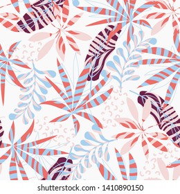 Summer seamless pattern with tropical plants on white background. Vector design. Jungle print. Textiles and printing.