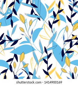 Summer seamless pattern with tropical plants and leaves on white background. Vector design. Jungle print. Textiles and printing. Floral background.