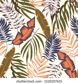 Patrón veraniego sin fisuras con plantas tropicales sobre fondo blanco. Hermoso patrón floral vectorial sin fisuras. Textura dibujada a mano. Plantilla vectorial. Impresión Hawaii de verano de moda.