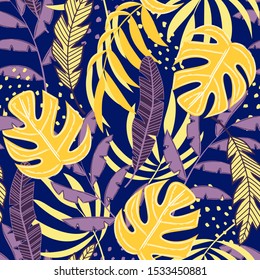 Summer seamless pattern with tropical plants. Abstract pattern with leaves. Illustration in Hawaiian style. Jungle leaves. Vector background for various surface. 