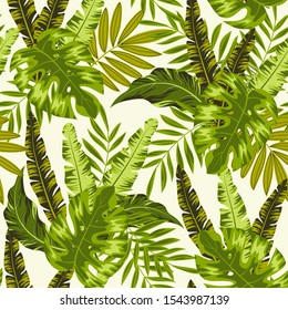 Summer seamless pattern with tropical plants. Hand draw texture. Vector template. Floral seamless vector tropical pattern background with exotic leaves, jungle leaf. Exotic wallpaper, Hawaiian style.