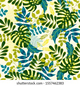 Summer seamless pattern with tropical plants on white background. Illustration in Hawaiian style. Jungle leaves. Botanical pattern. Vector background for various surface. Trend vector design.