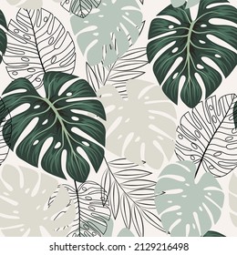 Sommernahtloses Muster mit tropischen Pflanzen. Kreativer Hintergrund mit exotischen Blättern. Nahtlose Blumenmuster. Design für Stoff, Papier, Deckel, Innendekoration und andere Benutzer. Trend-Vektordesign.