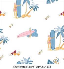 Summer seamless pattern. Tropical vibes. Surfing girl. Hand drawn vector illustration. Summer collection set