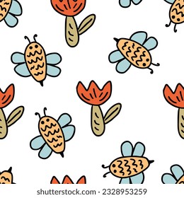 Sommernahtloses Muster mit Tulpenblumen und Bienen. Perfekter Druck für Tee, Papier, Textilien und Stoff. Doodle Vektorgrafik für Dekoration und Design.
