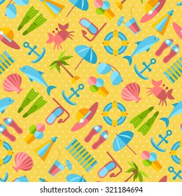 Summer seamless pattern with umbrella, palm, beach sand, cute crabs and anchors. Vector illustration.