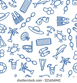 Summer seamless pattern with umbrella, palm, chain, cute crabs and anchors. Vector illustration. Line flat marine icons
