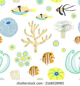 Summer seamless pattern with underwater life. Sea whimsical print design with fish, corals and seaweed.