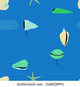 Summer seamless pattern with underwater life. Funny whimsical print design with fish, sea shells and starfish.