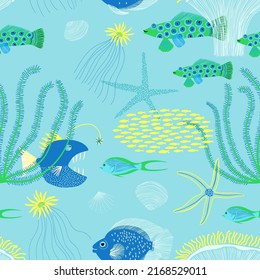 Summer seamless pattern with underwater life. Marine whimsical print design with fish, corals, starfish and seaweed.