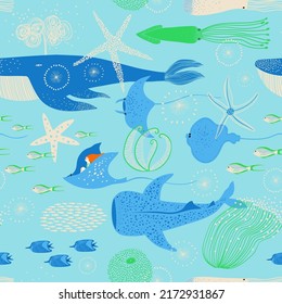 Summer seamless pattern with underwater life. Whimsical print design or wallpaper with whale, fish, squid, ray and sea plants.