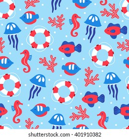 Summer seamless pattern with underwater sea animals and lifebuoy. Jellyfish, seahorse, coral, fish. Perfect for wallpaper, wrapping paper, web page background, summer greeting cards.