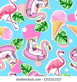 Summer seamless pattern with unicorn and flamingo. Zine Culture style summer background