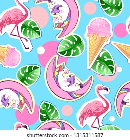 Summer seamless pattern with unicorn and flamingo. Zine Culture style summer background