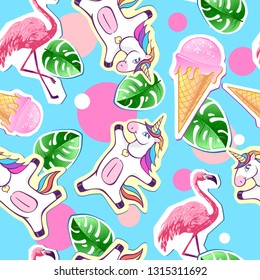 Summer seamless pattern with unicorn and flamingo. Zine Culture style summer background