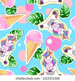 Summer seamless pattern with unicorn and ice cream. Zine Culture style summer background