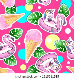 Summer seamless pattern with unicorn and ice cream. Zine Culture style summer background