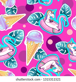 Summer seamless pattern with unicorn and ice cream. Zine Culture style summer background