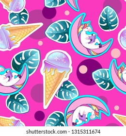 Summer seamless pattern with unicorn and ice cream. Zine Culture style summer background