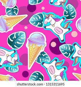 Summer seamless pattern with unicorn and ice cream. Zine Culture style summer background