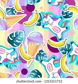 Summer seamless pattern with unicorn and ice cream. Zine Culture style summer background