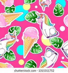 Summer seamless pattern with unicorn and ice cream. Zine Culture style summer background
