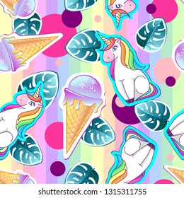 Summer seamless pattern with unicorn and ice cream. Zine Culture style summer background