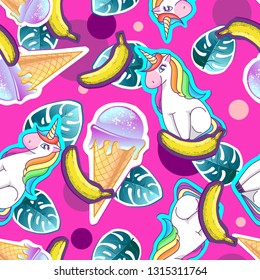 Summer seamless pattern with unicorn and ice cream. Zine Culture style summer background