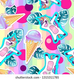 Summer seamless pattern with unicorn and ice cream. Zine Culture style summer background