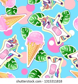 Summer seamless pattern with unicorn and ice cream. Zine Culture style summer background