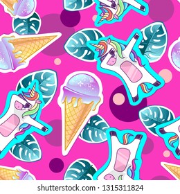 Summer seamless pattern with unicorn and ice cream. Zine Culture style summer background