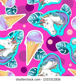 Summer seamless pattern with unicorn and ice cream. Zine Culture style summer background