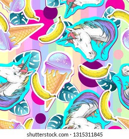 Summer seamless pattern with unicorn and ice cream. Zine Culture style summer background