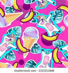 Summer seamless pattern with unicorn and ice cream. Zine Culture style summer background