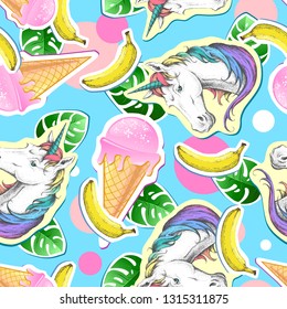 Summer seamless pattern with unicorn and ice cream. Zine Culture style summer background