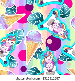 Summer seamless pattern with unicorn and ice cream. Zine Culture style summer background