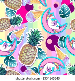 Summer seamless pattern with unicorn and pineapple. Zine Culture style summer cut out background