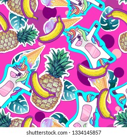 Summer seamless pattern with unicorn and pineapple. Zine Culture style summer cut out background