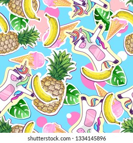 Summer seamless pattern with unicorn and pineapple. Zine Culture style summer cut out background