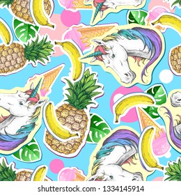 Summer seamless pattern with unicorn and pineapple. Zine Culture style summer cut out background