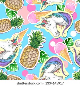Summer seamless pattern with unicorn and pineapple. Zine Culture style summer cut out background