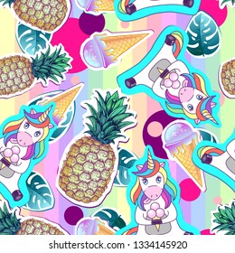 Summer seamless pattern with unicorn and pineapple. Zine Culture style summer cut out background