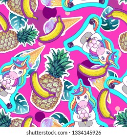 Summer seamless pattern with unicorn and pineapple. Zine Culture style summer cut out background