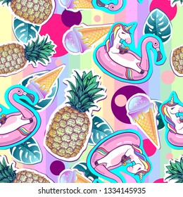 Summer seamless pattern with unicorn and pineapple. Zine Culture style summer cut out background