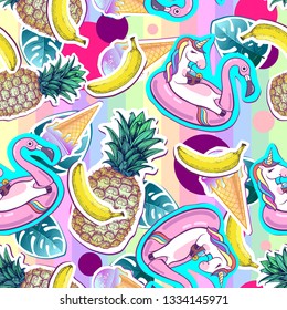 Summer seamless pattern with unicorn and pineapple. Zine Culture style summer cut out background