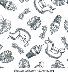 Summer seamless pattern. Unicorn pool toy, monstera leaves, ice cream, sunglasses on white background. Vector hand drawn sketch illustration. Kids fabric design, wrapping paper, fashion textile print