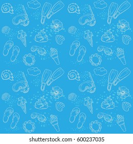 Summer seamless pattern for vacation. Blue vector background.